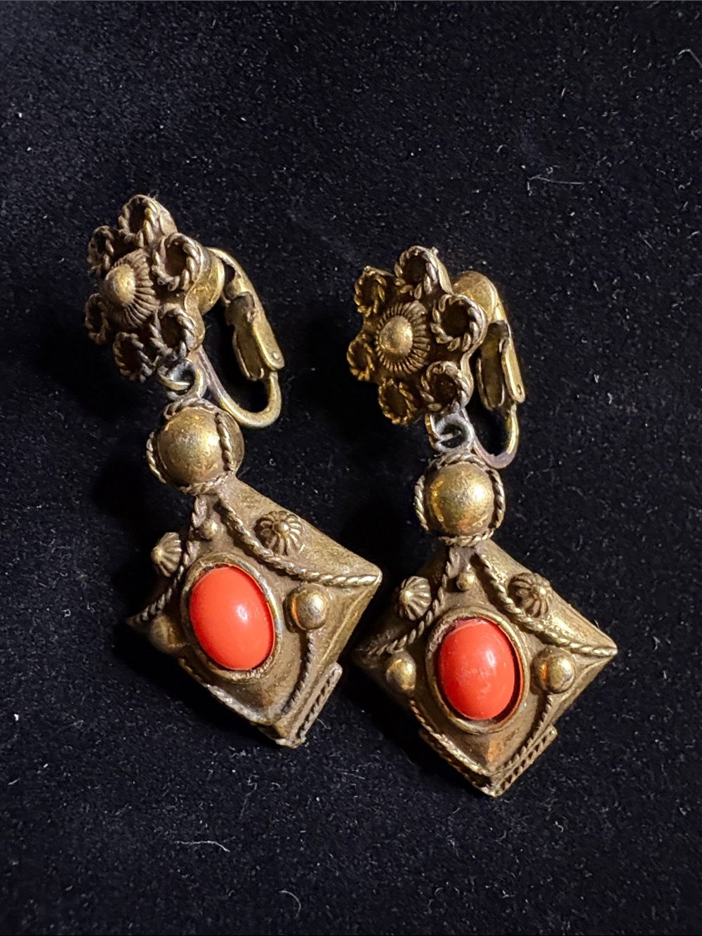 Coro Gold-Tone Clip-On Earrings with Coral Red Cabochons